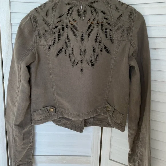 Free People Sz 4 Linen Cotton Eyelet Moto Jacket Olive Green Zip - Picture 5 of 13